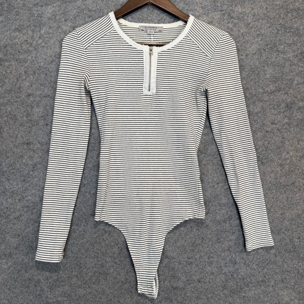 AllSaints Alicia Bodysuit Womens 2 Cream Black Stripped Ribbed 1/4 Zip Knit